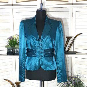 NWT Windsor Blazer shiny satin teal fitted pleated waist deep V cocktail Size 8